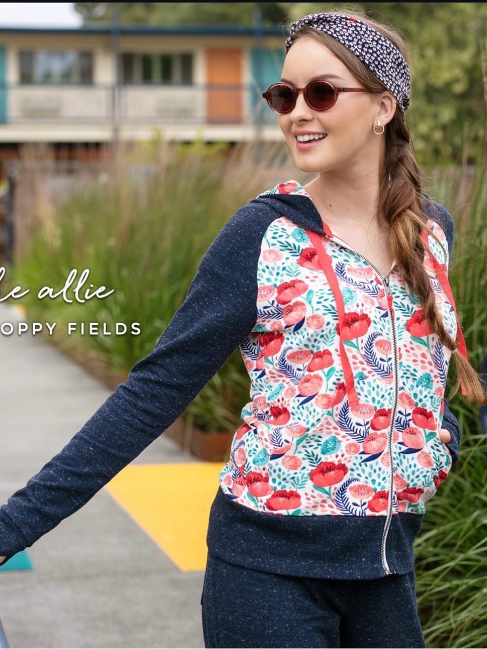 evy's tree Floral Zip Hoodie in Navy and Coral